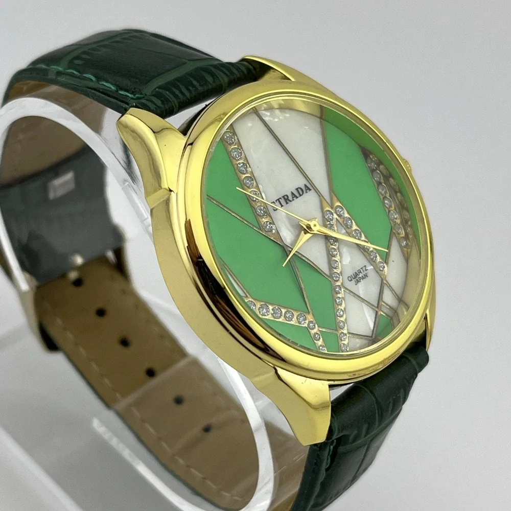 Strada Watch Women 40mm Gold‎ Case MOP Green Faux Leather Band- New Battery